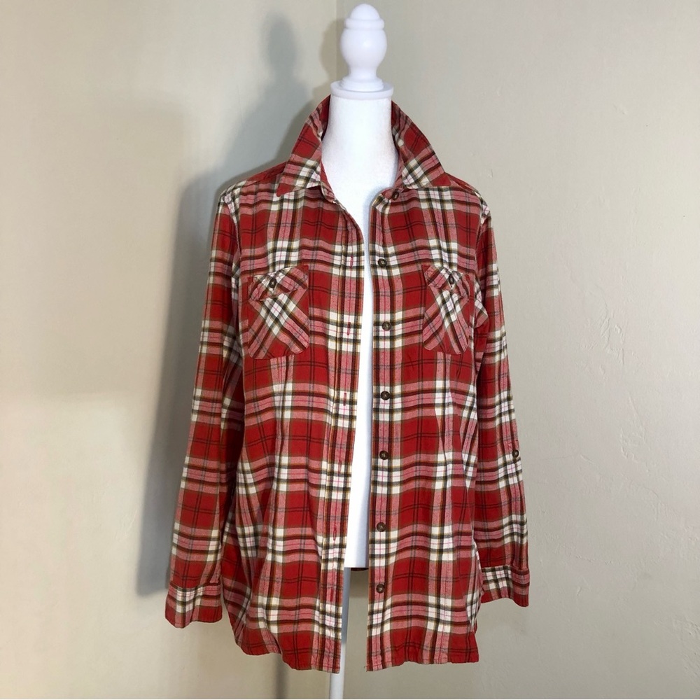 EDDIE BAUER Red Flannel Plaid Long Sleeve Women SZ L Cabin-core Winter